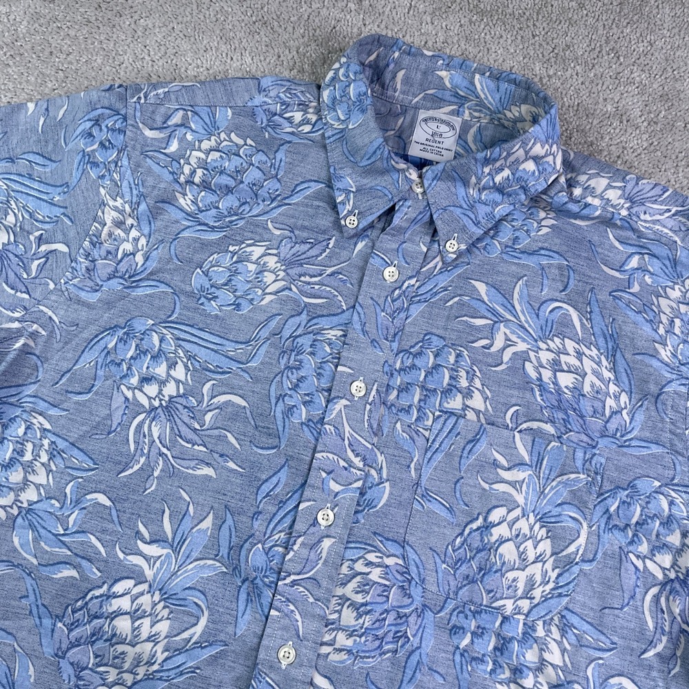 Brooks Brothers Shirt Mens Large Blue Pineapple Reverse Print Regent Button Up